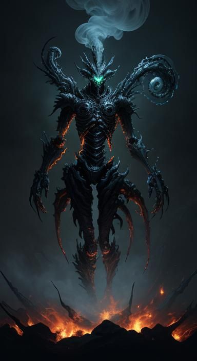 Dark Fantasy Biomechanical Horror Creature in Flames