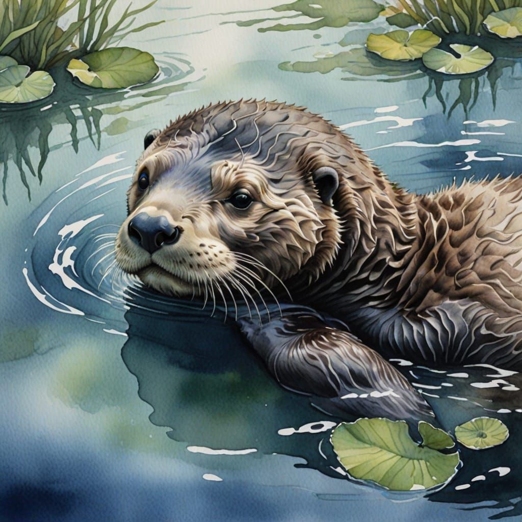 Sea Otter Napping in Ocean Watercolour Art Print