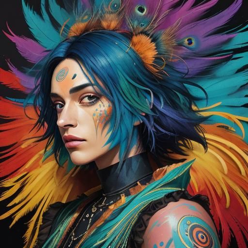 Woman with Peacock Feathers in Street Art Style