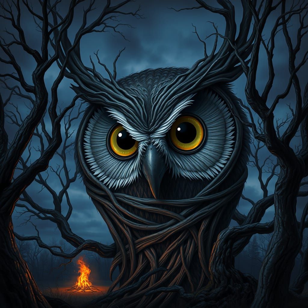 Mystical Owl Face in Dark Forest