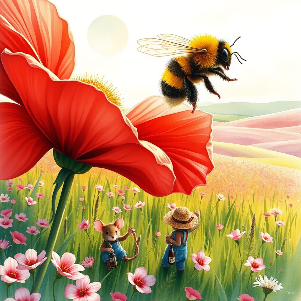 Whimsical Meadow Scene with Bumble Bee and Mouse