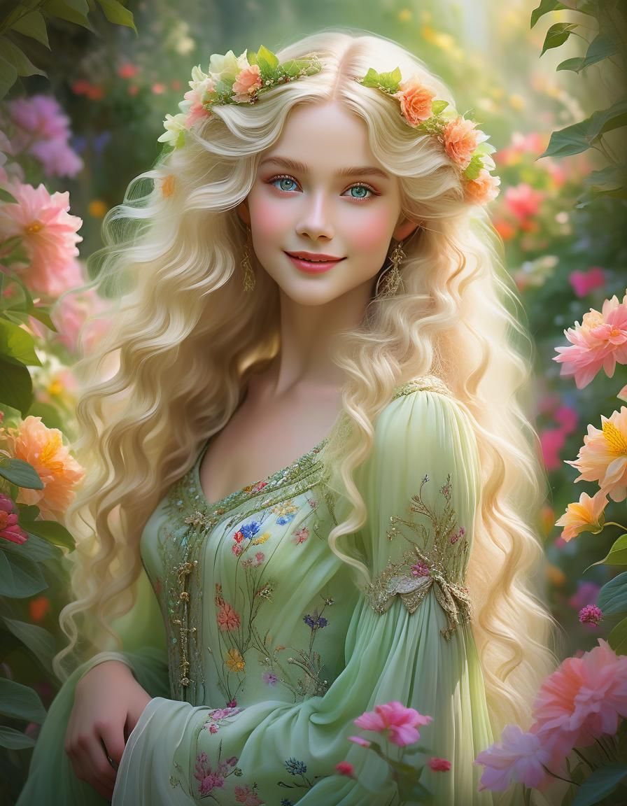 Enchanting Elf Maiden in a Vibrant Garden