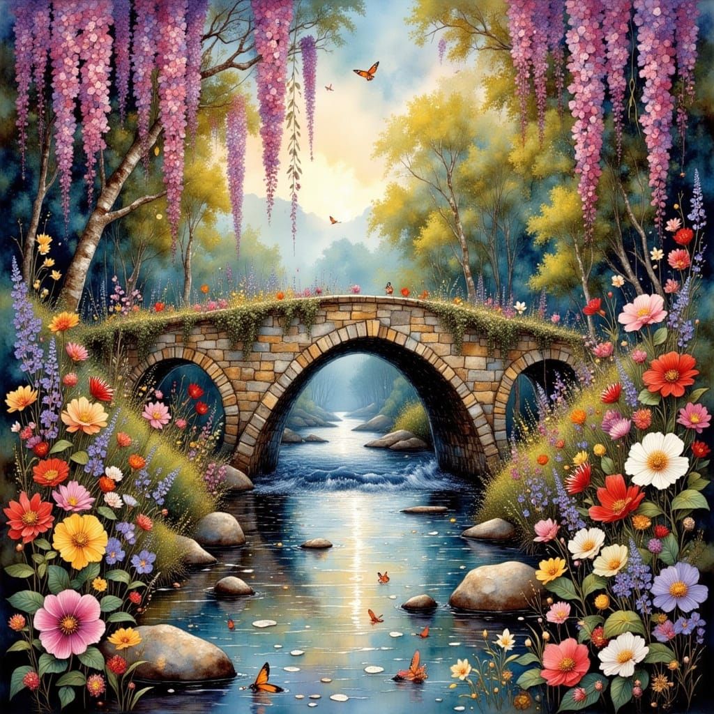 English Stone Bridge with Flowers in Mixed Media Style