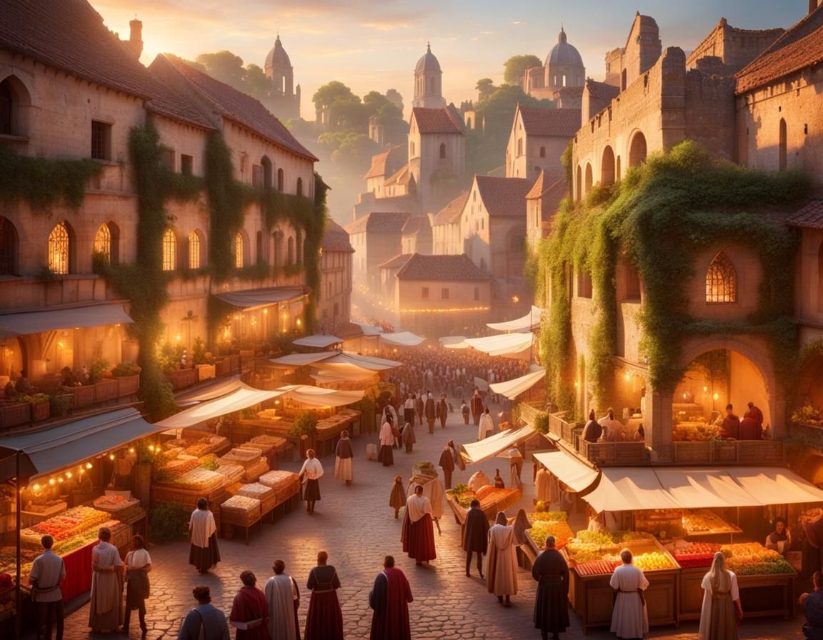 Medieval Market Amidst Roman Ruins at Magic Hour