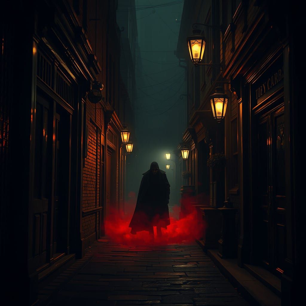 Eerie 19th Century Whitechapel Alleyway in Crimson Haze