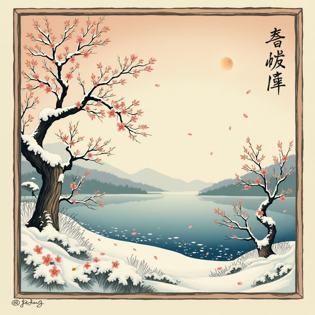 Traditional Japanese Woodblock Print Winter Scene