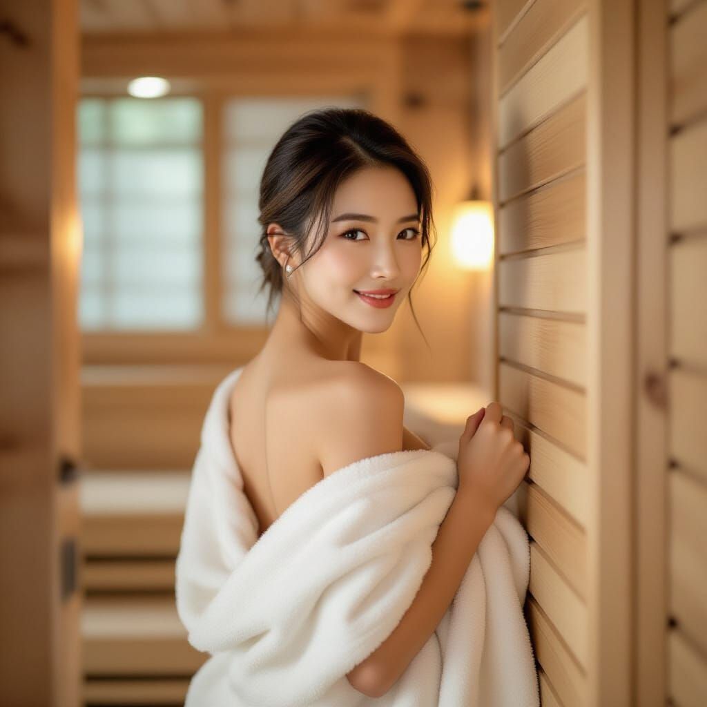 Korean Woman Exits Cedar Sauna in Fashion Photo Style