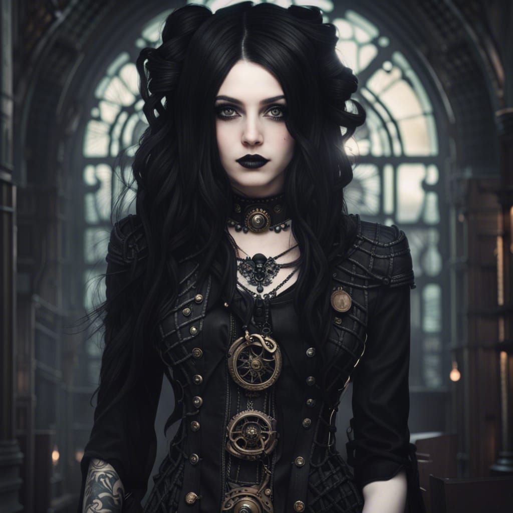 Steampunk Goth Girl with Black Hair Portrait