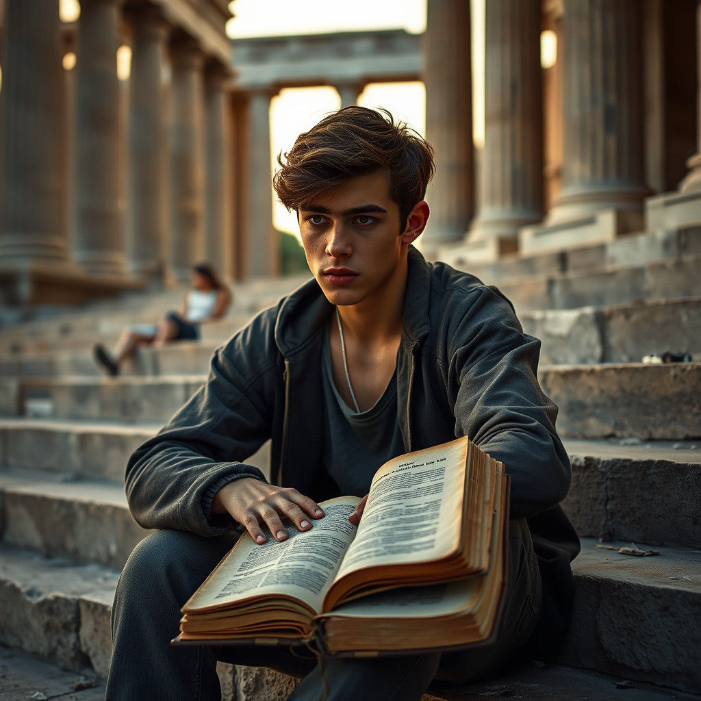 Pensive Youth in Ancient Ruins: Surrealist Portrait