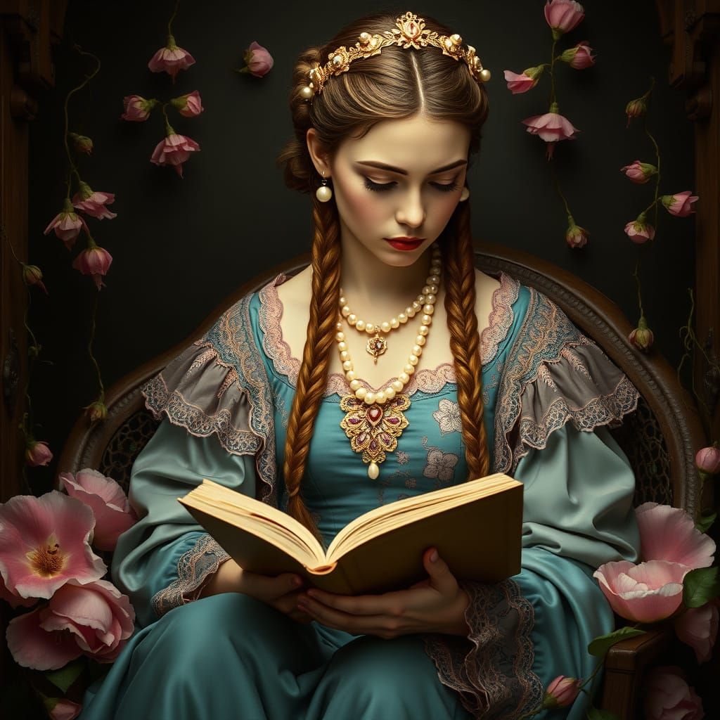 Ornate Lady Reading in Earthy Botticelli Style