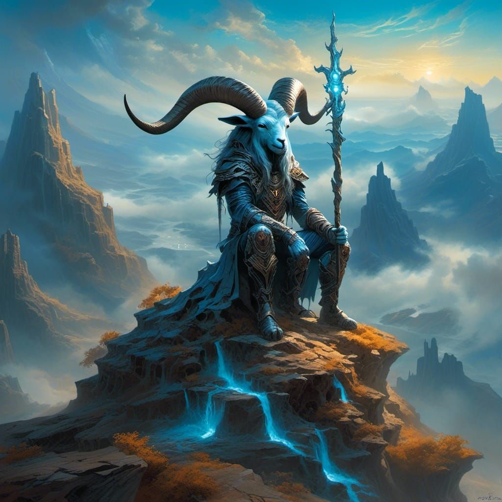 Mystical Goat-Man Warrior on Mountain Precipice