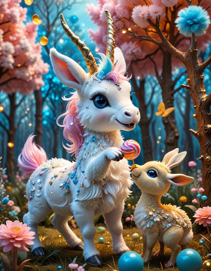 Baby Unicorn and Jackalope in Magical Forest