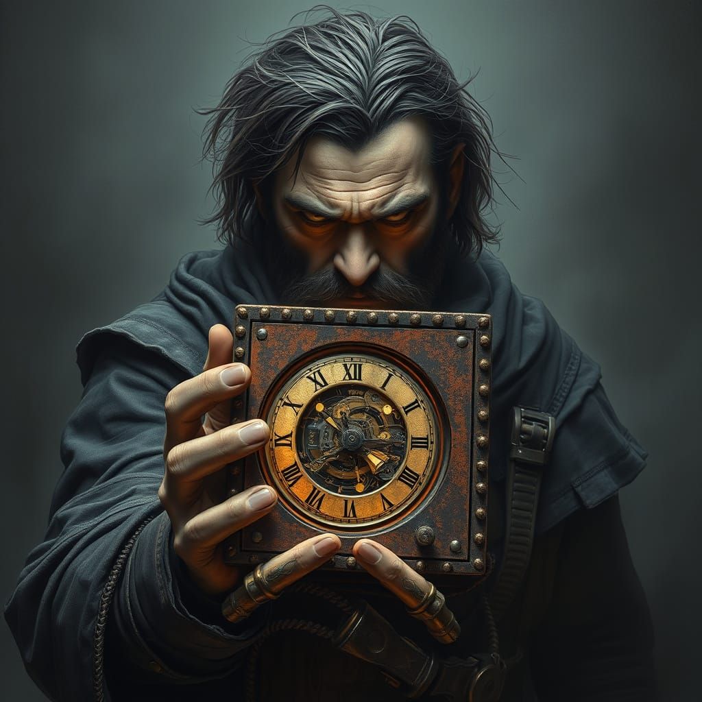 Dark Fantasy Man Holds Haunting Clockwork Cube