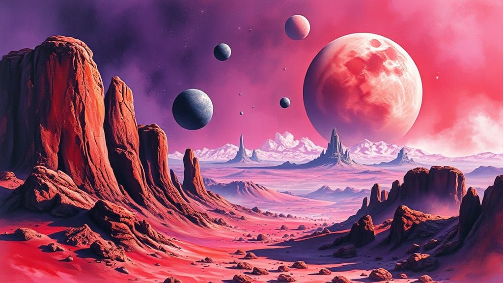 Epic Alien Planet in Gouache Style