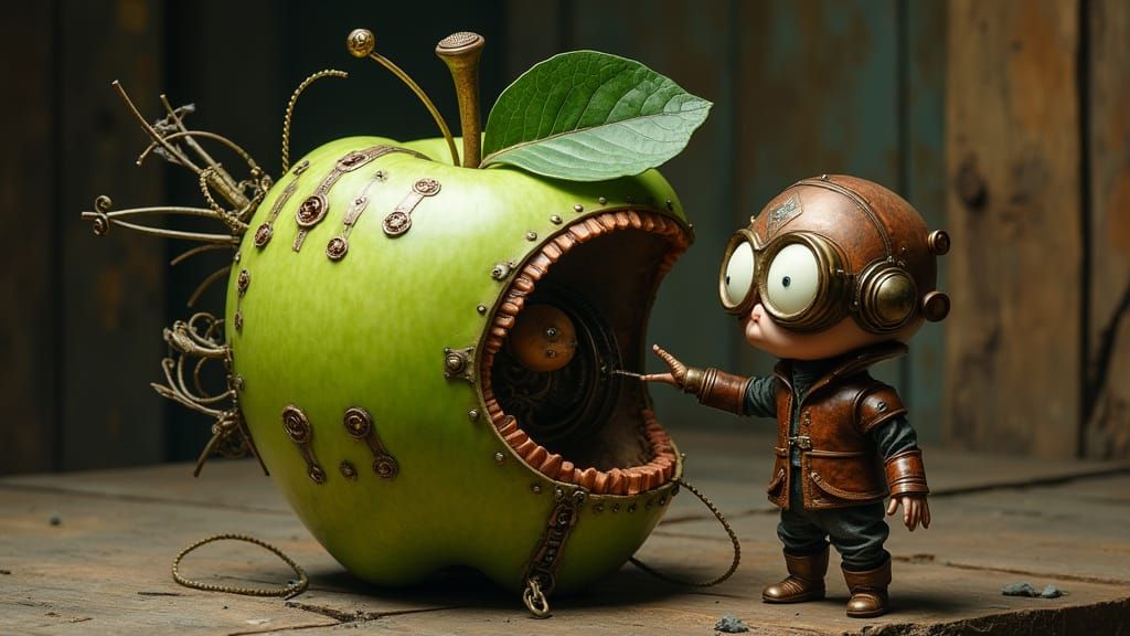 Whimsical Steampunk Scene with Frightened Child