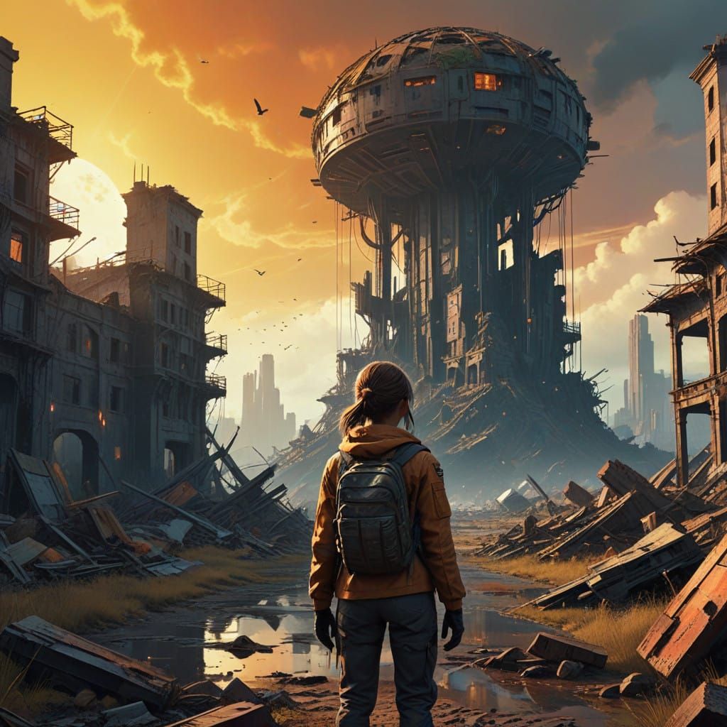 Young Girl Defies the Ruins of a Futuristic City