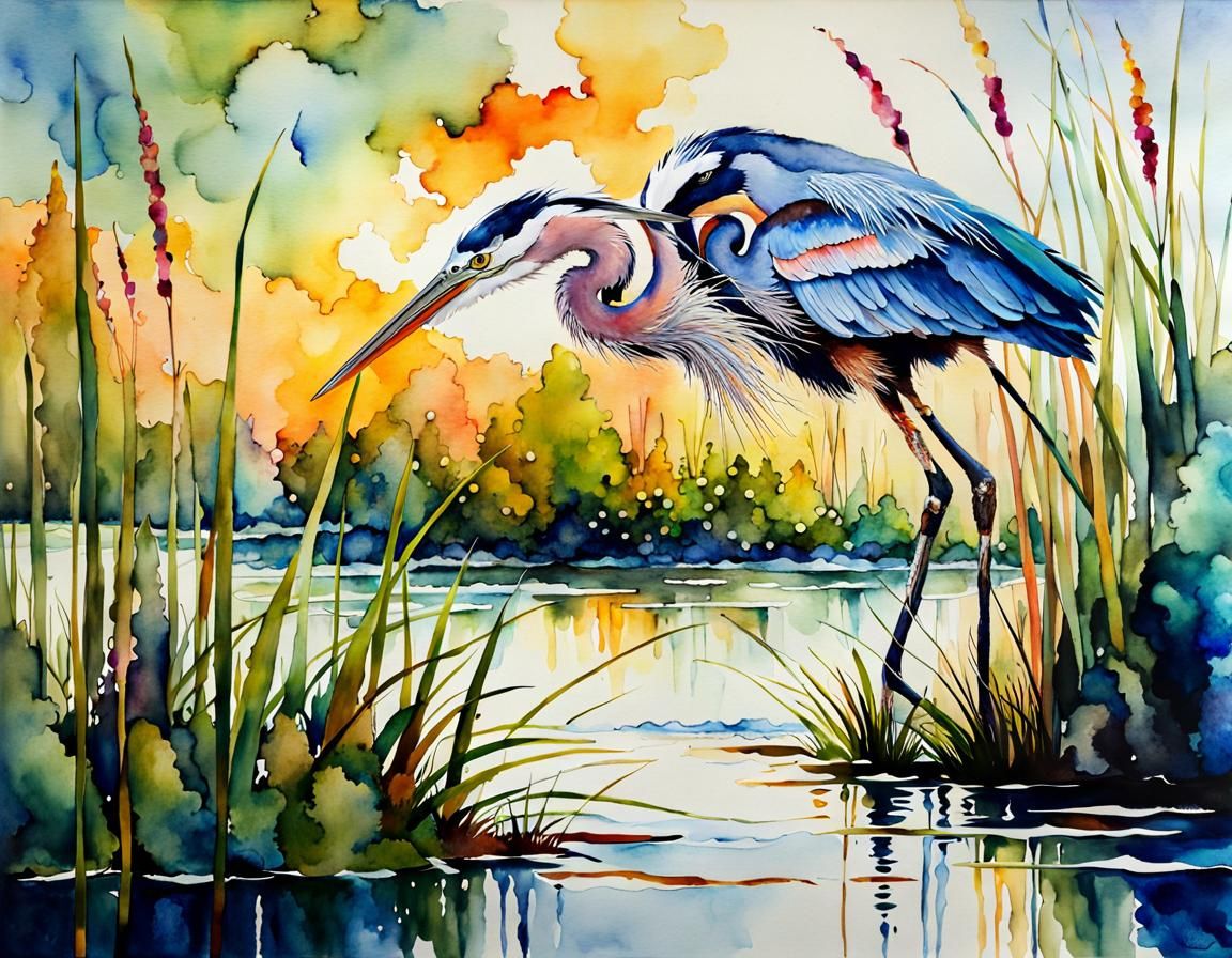 Great Blue Heron in Marsh, Watercolor Impressionism