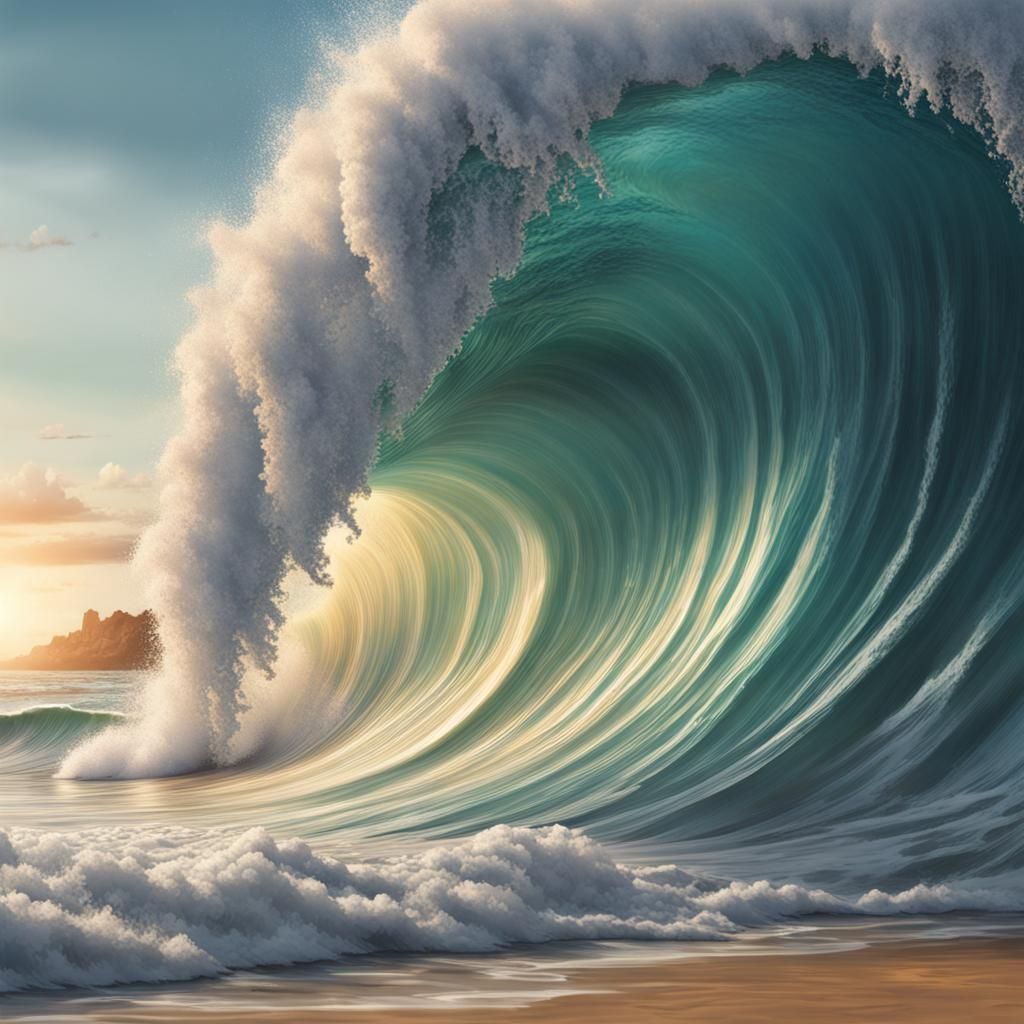 Breaking Wave on Beach in Hyperrealistic Splash Art