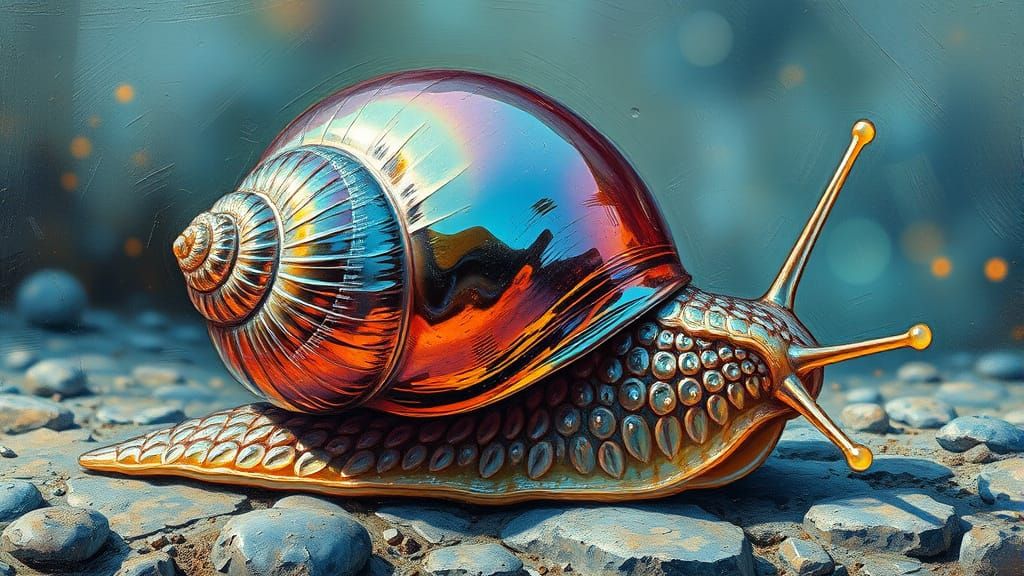 Iridescent Glass Snail in Retro Sci-Fi Style