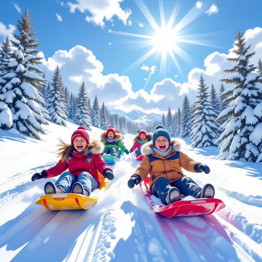 Kids Sledding Down Hill in Comic Book Style