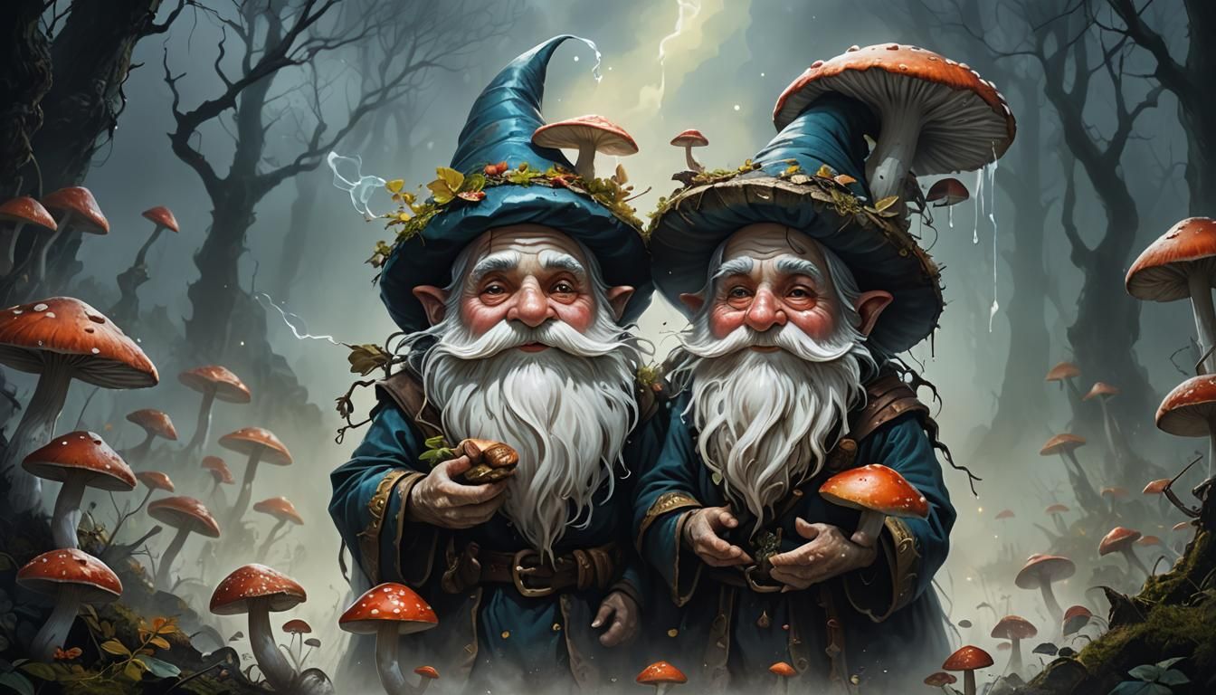 Gnome in Misty Forest Seeking Mushrooms