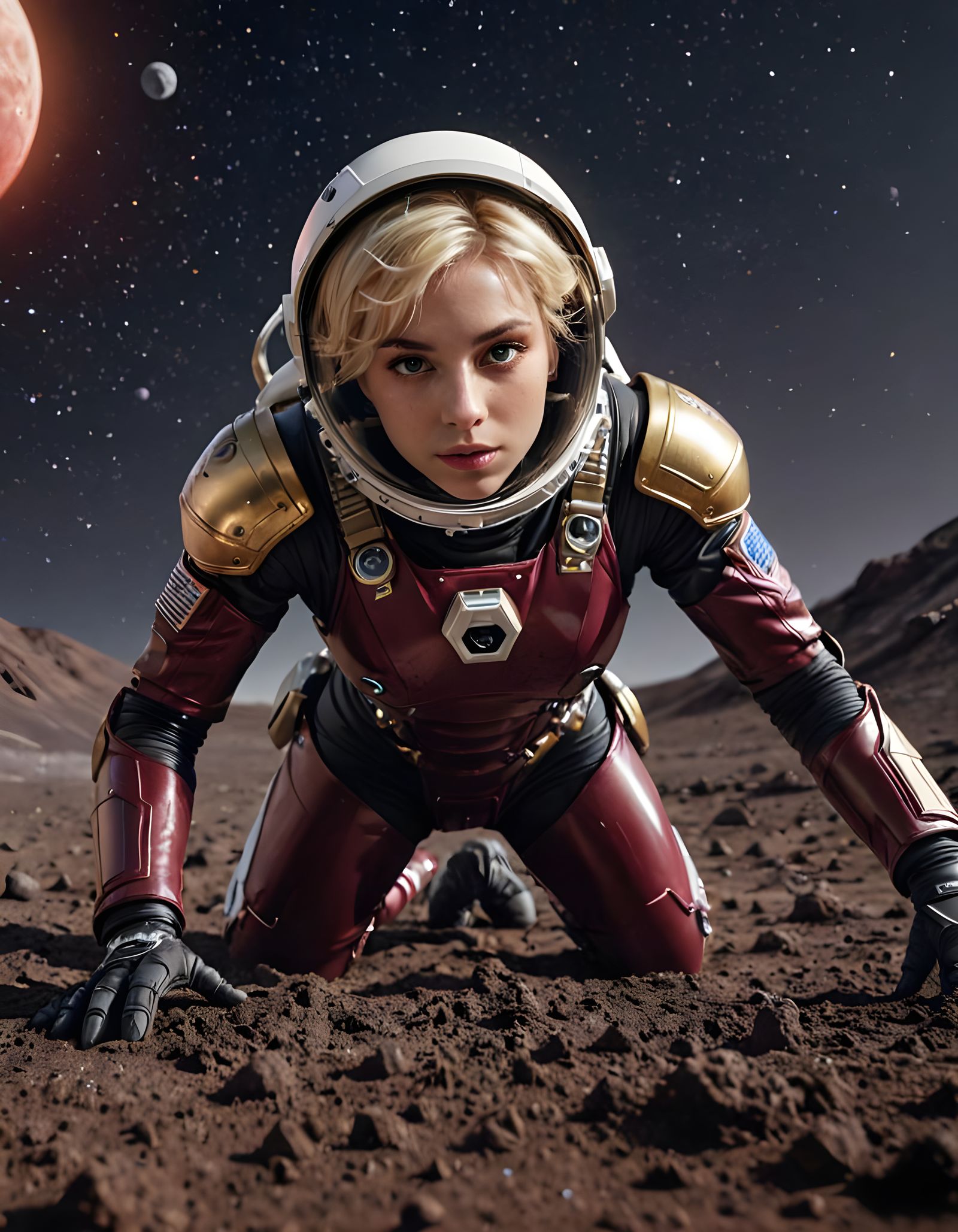 Blonde Astronaut Crawling on Moon in Spacesuit