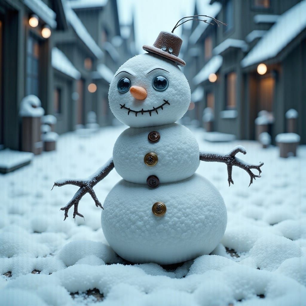 Sci-Fi Snowman with Button Eyes and Stitched Grin