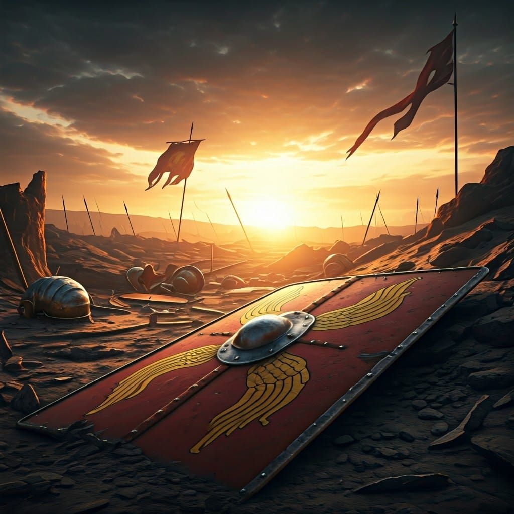 Weathered Roman Scutum on a Desolate Battlefield at Sunrise