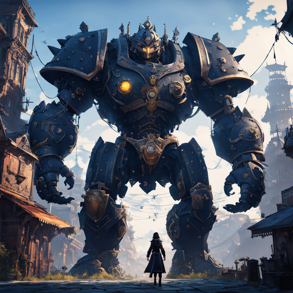 Obsidian Golem in Smog-Choked Steampunk City