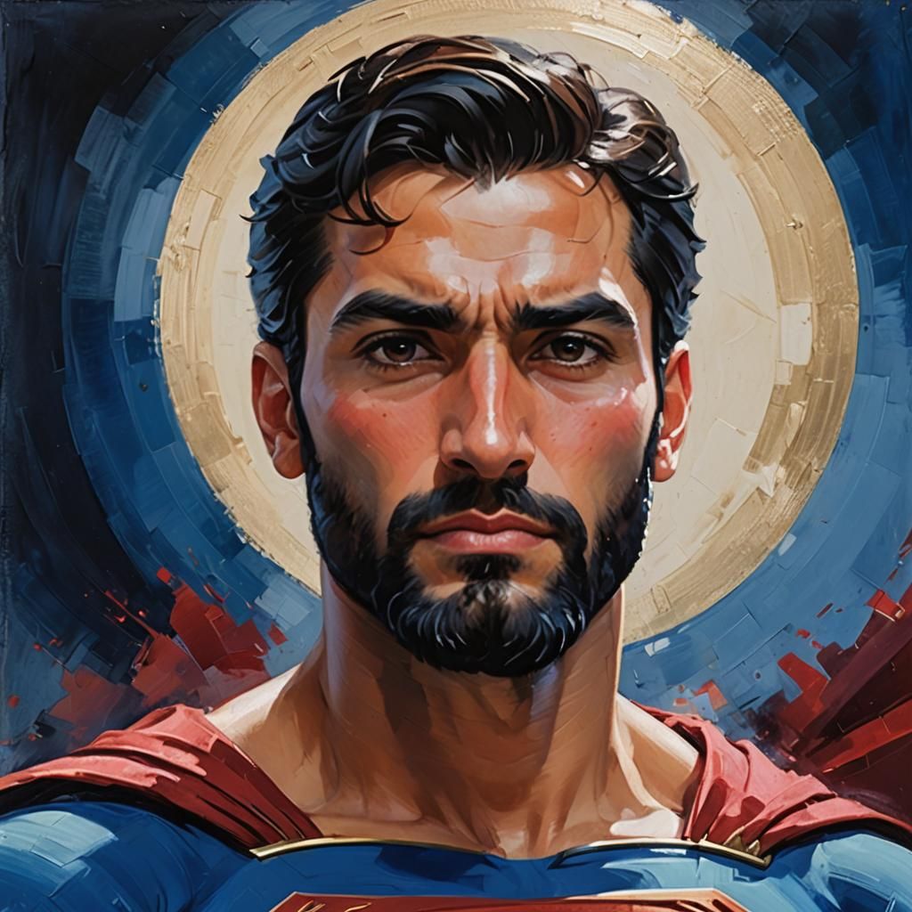 Handsome Bearded Superman Portrait as Impasto Oil Painting
