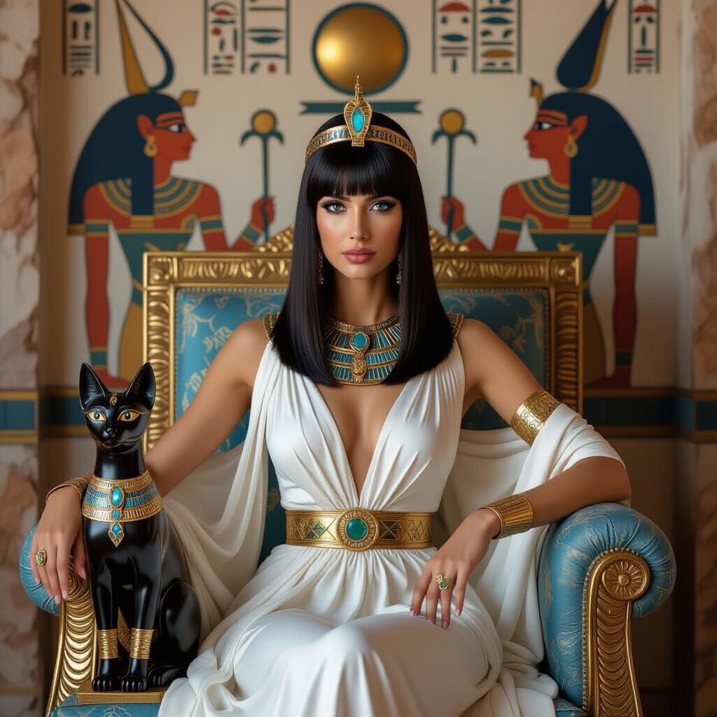 Egyptian Woman with Golden Cat Sculpture in Ancient Chamber