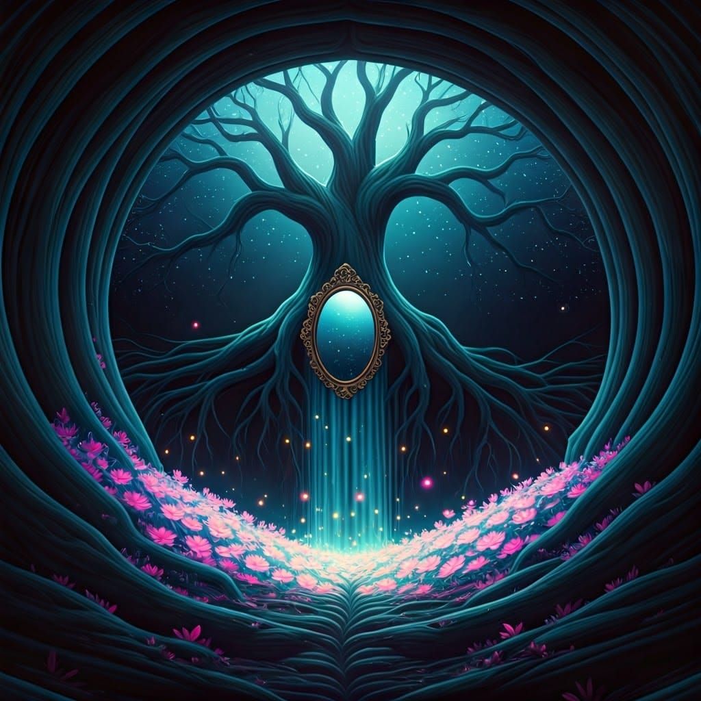 Ethereal Tree Mirror in Luminescent Cave