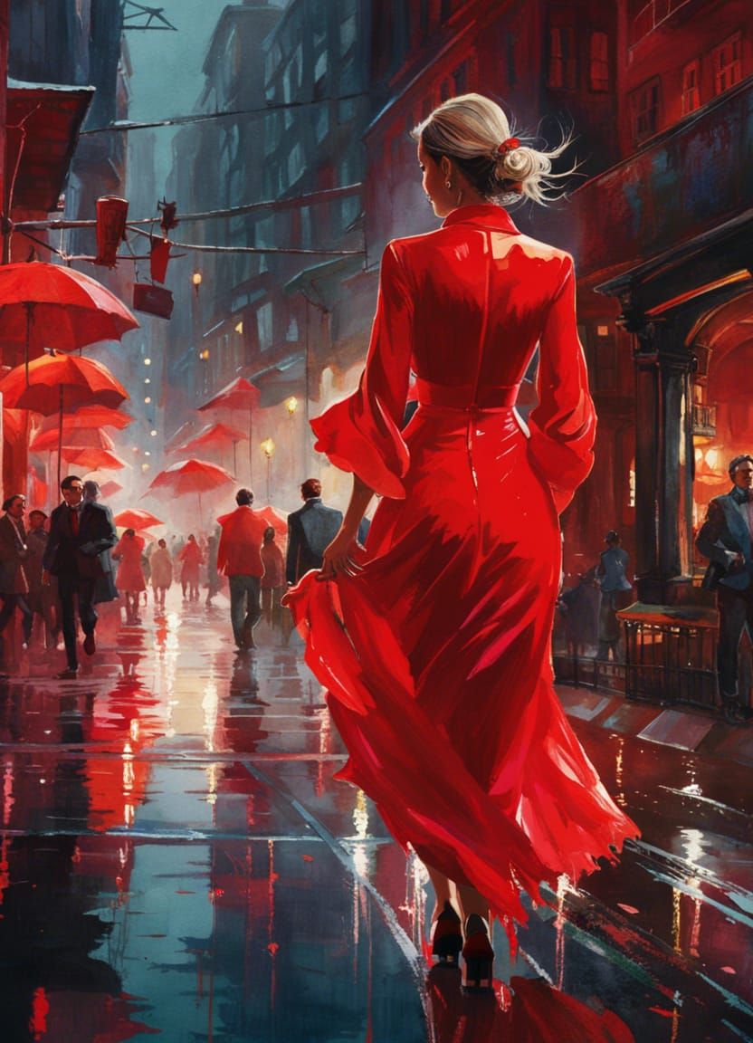 Lady in Red Strolls Down Wet Promenade