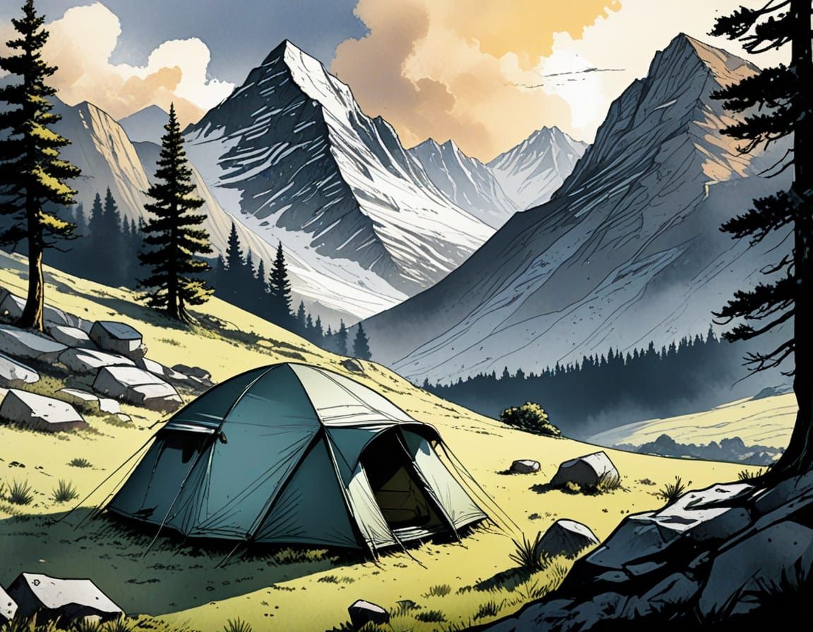 Watercolor Tent Amidst Mountains, Comic Book Style