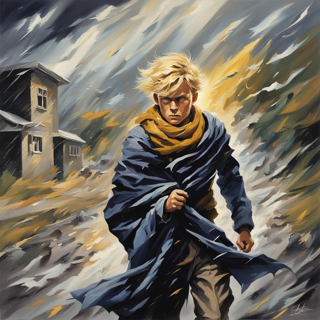 Young King Walks Through Storm in Dramatic Painting