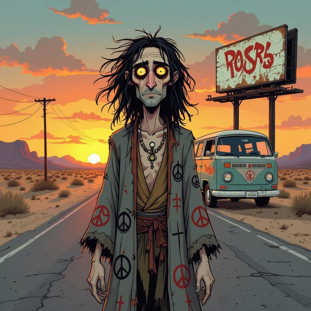 Desert Road Cartoon: Cel-Shaded Man at Sunset