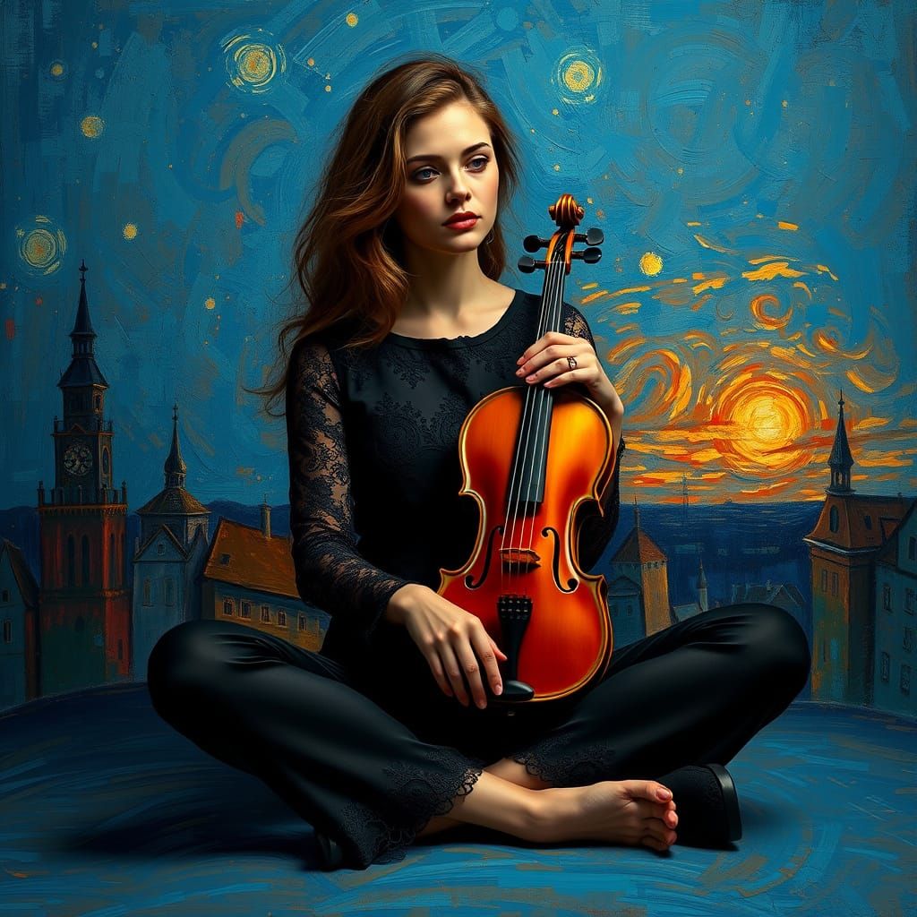 A Woman in Contemplation, Surrounded by Cityscapes and Sunse...