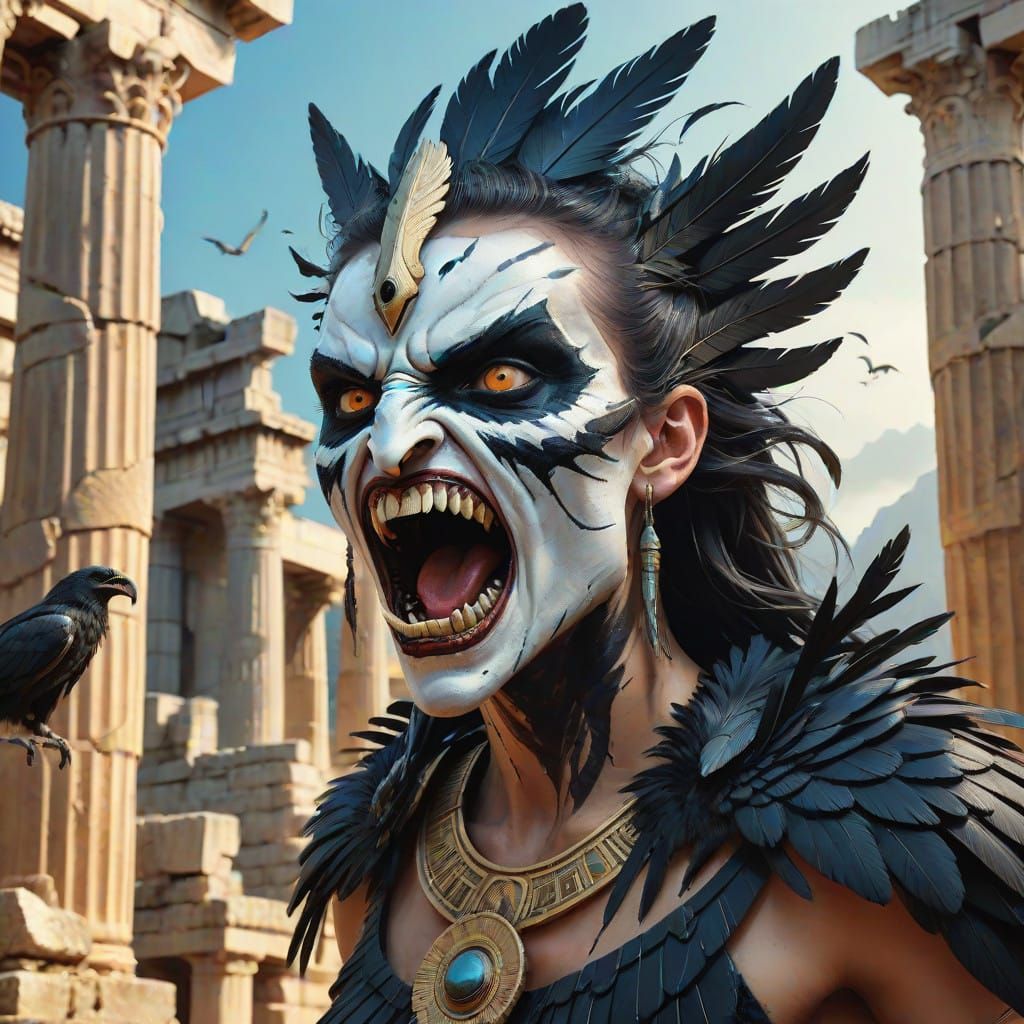 Harpy Goddess in Ruins, Hyperrealistic Art