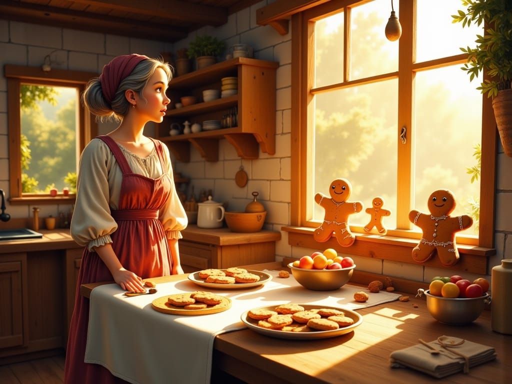 Cozy Rustic Kitchen Scene with Magical Gingerbread Man
