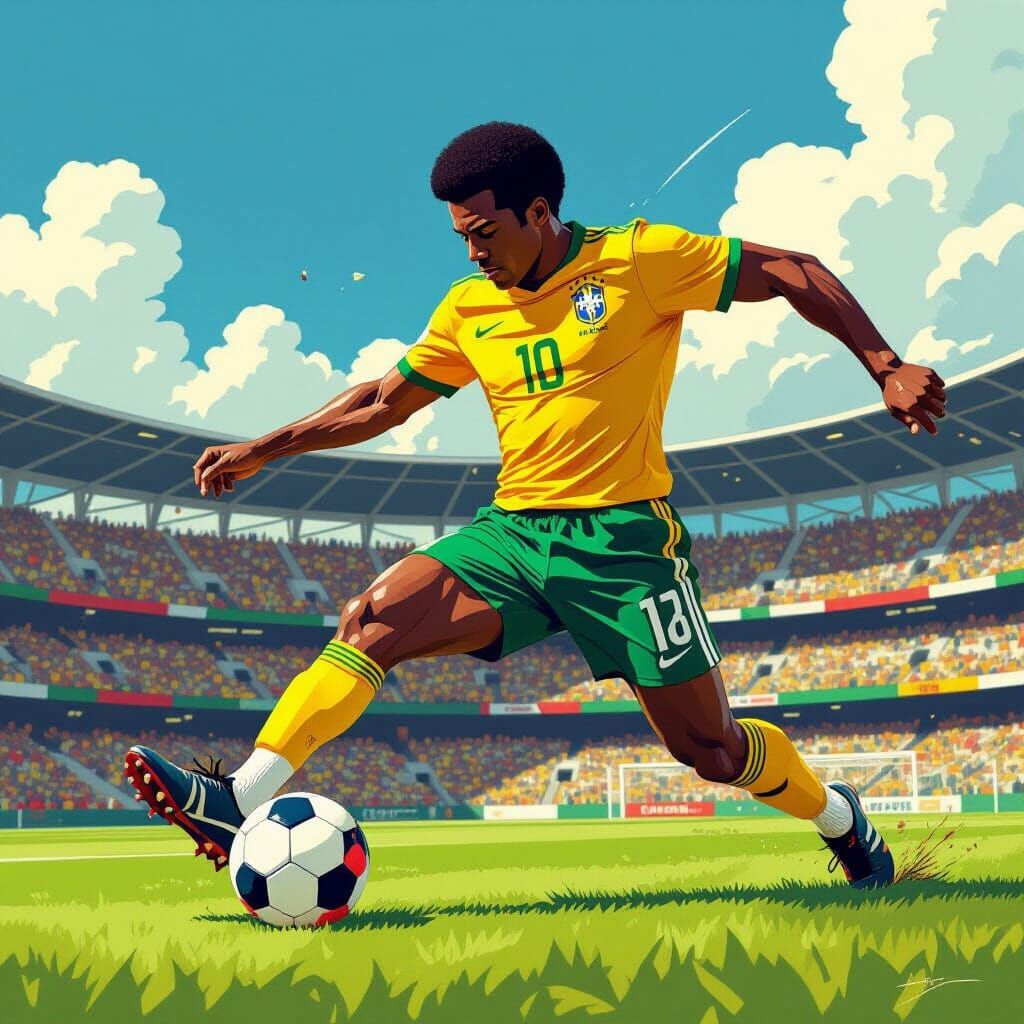 Pele Kicks Soccer Ball in Vibrant Stadium, Stalenhag Style