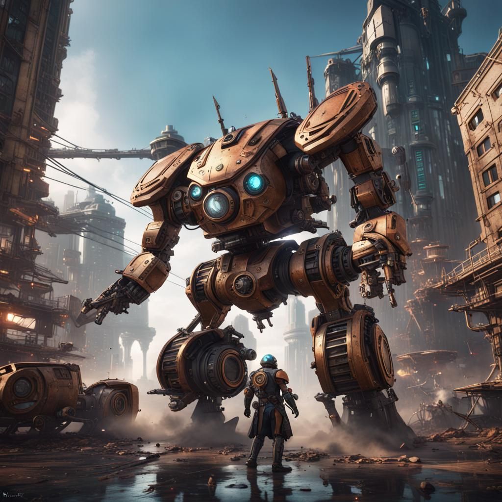 Mechs Clash in Dystopian Steampunk City