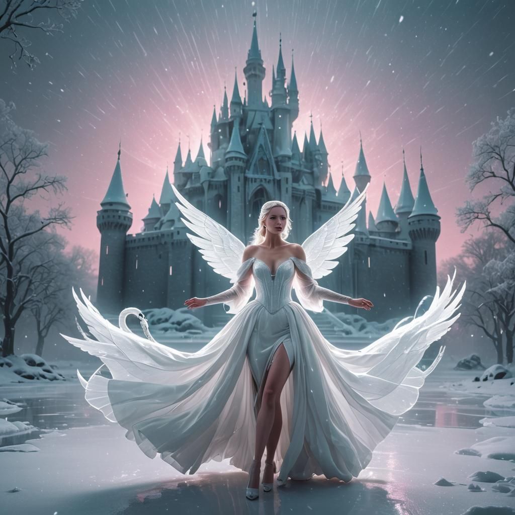 Bioluminescent Swan Queen in White Snowstorm, Synthwave