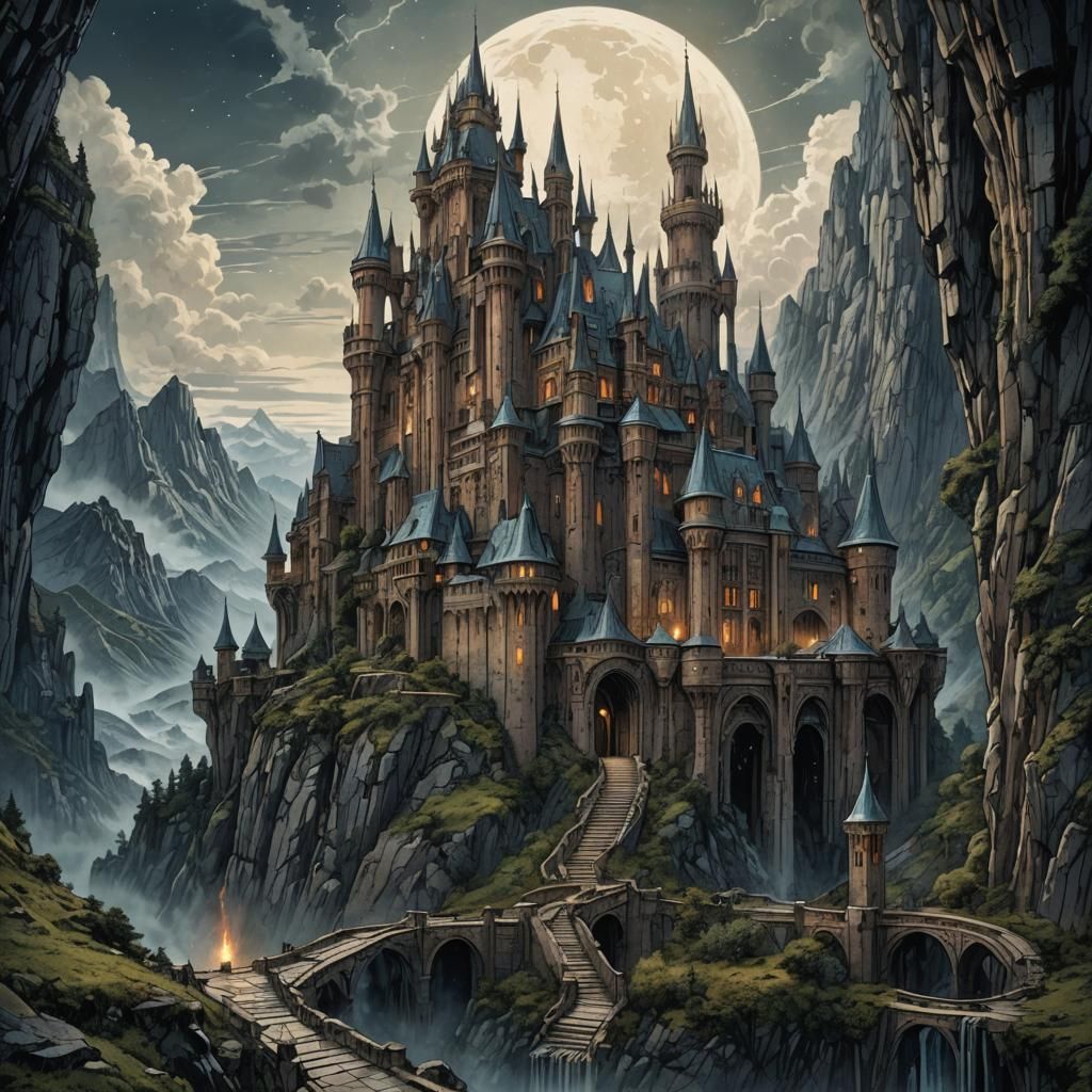 Cosmic Mountainscape in Art Nouveau Retrofuturism Style