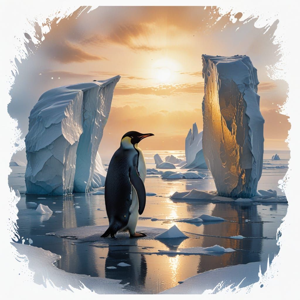 Emperor Penguin on Antarctic Ice Shelf: Watercolor Painting
