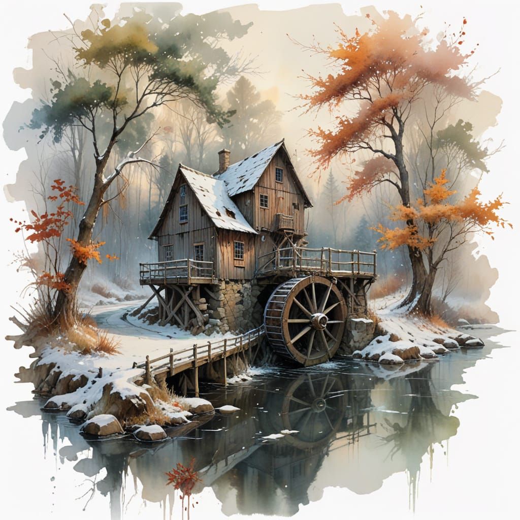 Winter Watermill Scene in Whimsical Style