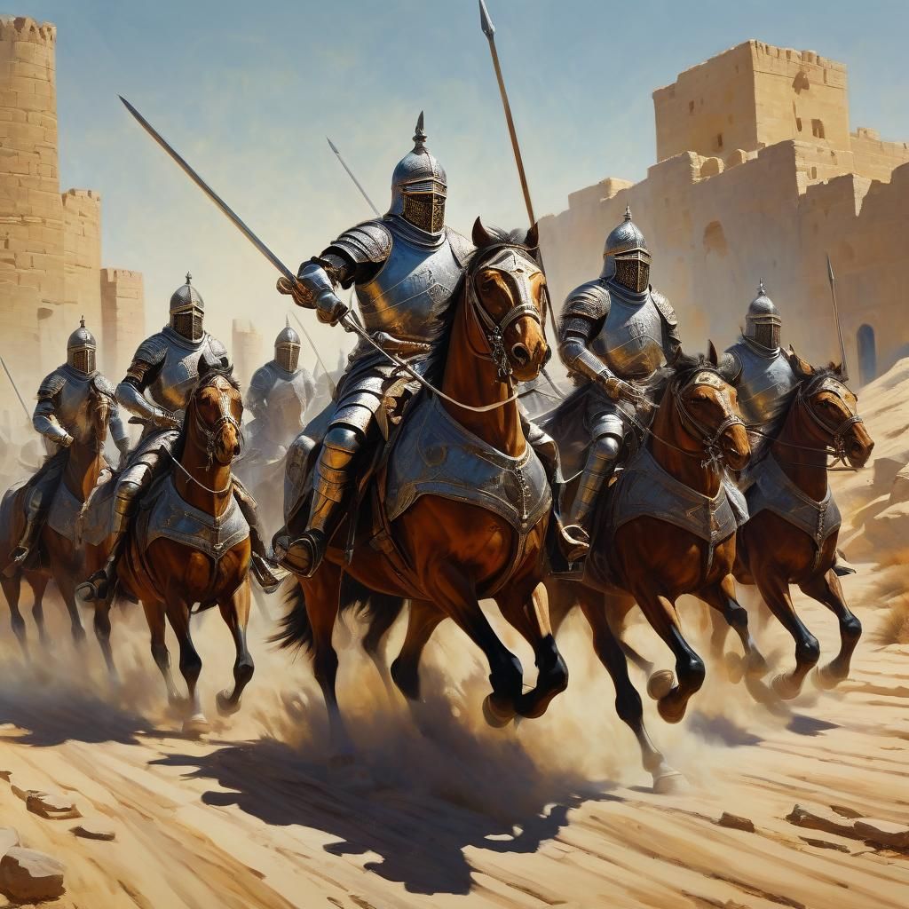 Persian Armored Knights Cavalry Charge: Oil Painting