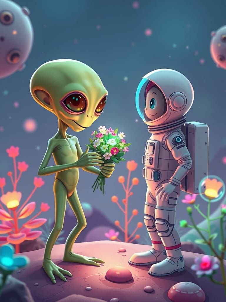Whimsical Alien Romance in Sci-Fi Cartoon Style