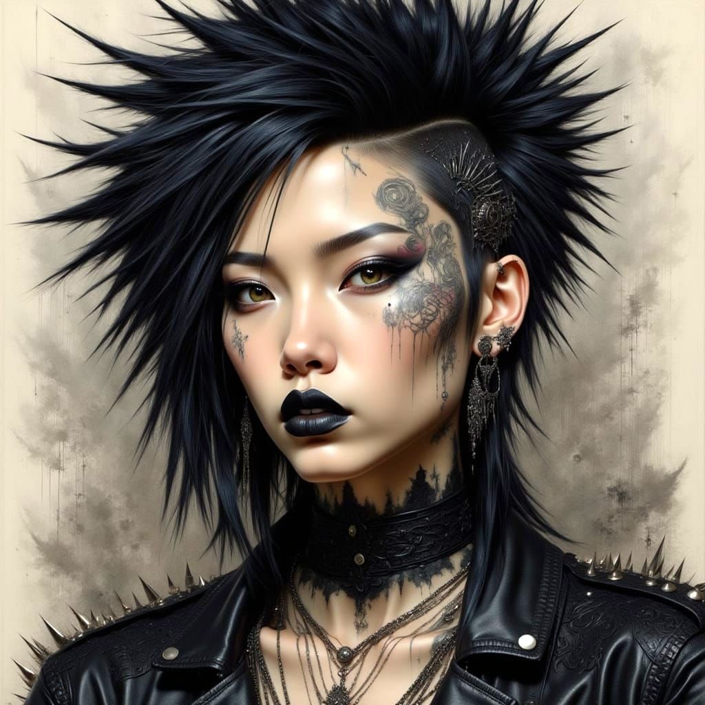 Metalhead Asian Woman Portrait in Art Nouveau Punk Style