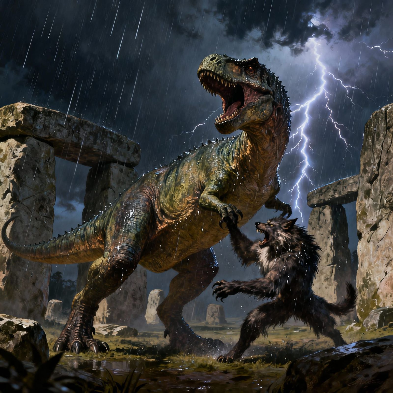 T-Rex vs Werewolf Battle at Stonehenge in Storm