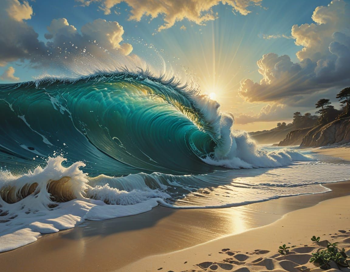 Dreamlike Teal Waves Crash on a Shimmering Portal Beach